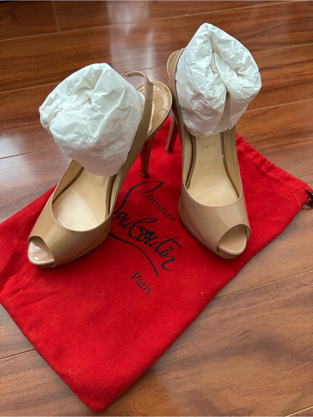 Christian Louboutin Nude Patent Peep-Toe Slingbacks with Red Dust Bag